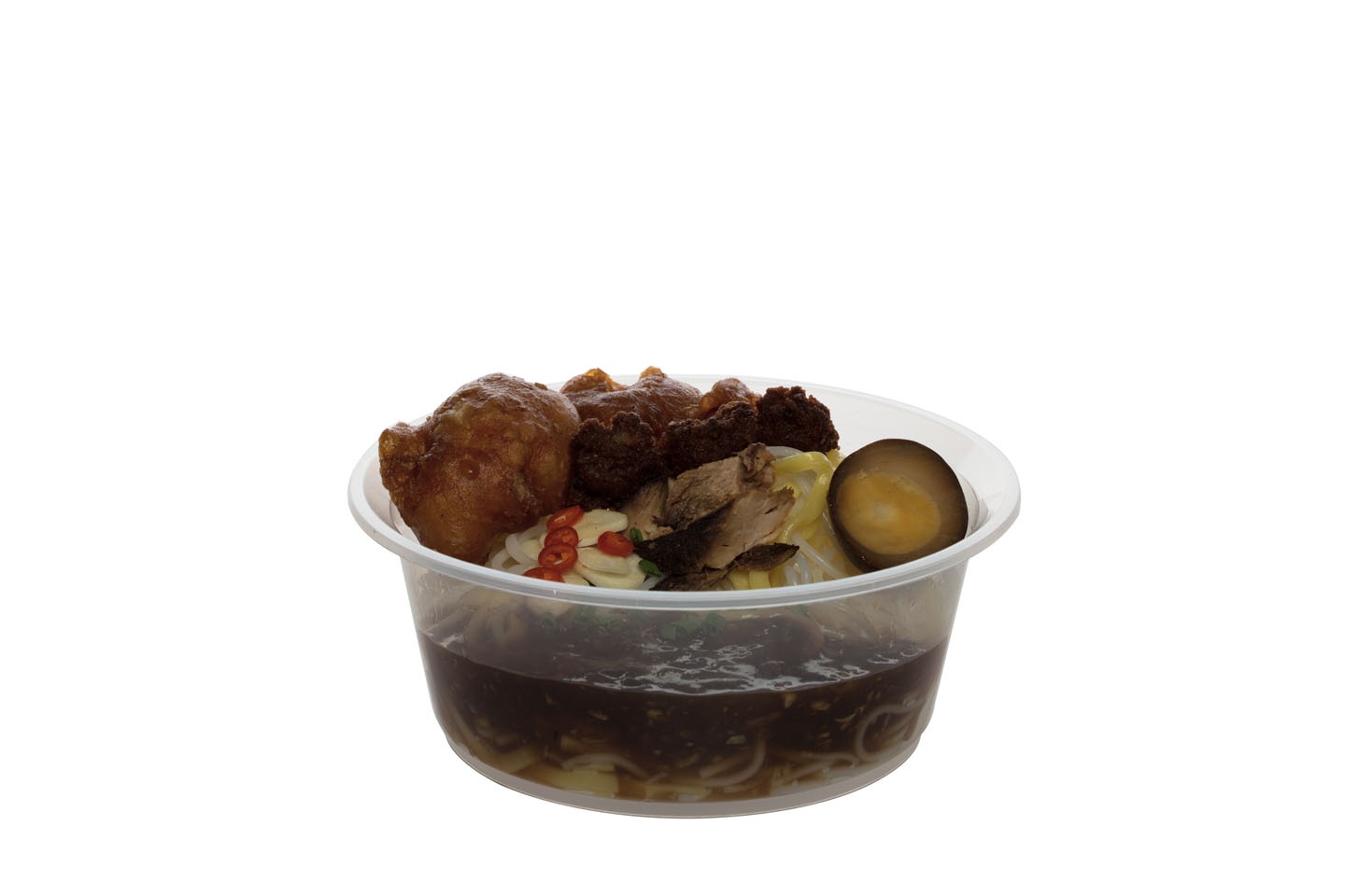T1200 Round Clear Medium Size Microwavable Container serving Roast Pork Noodle Soup