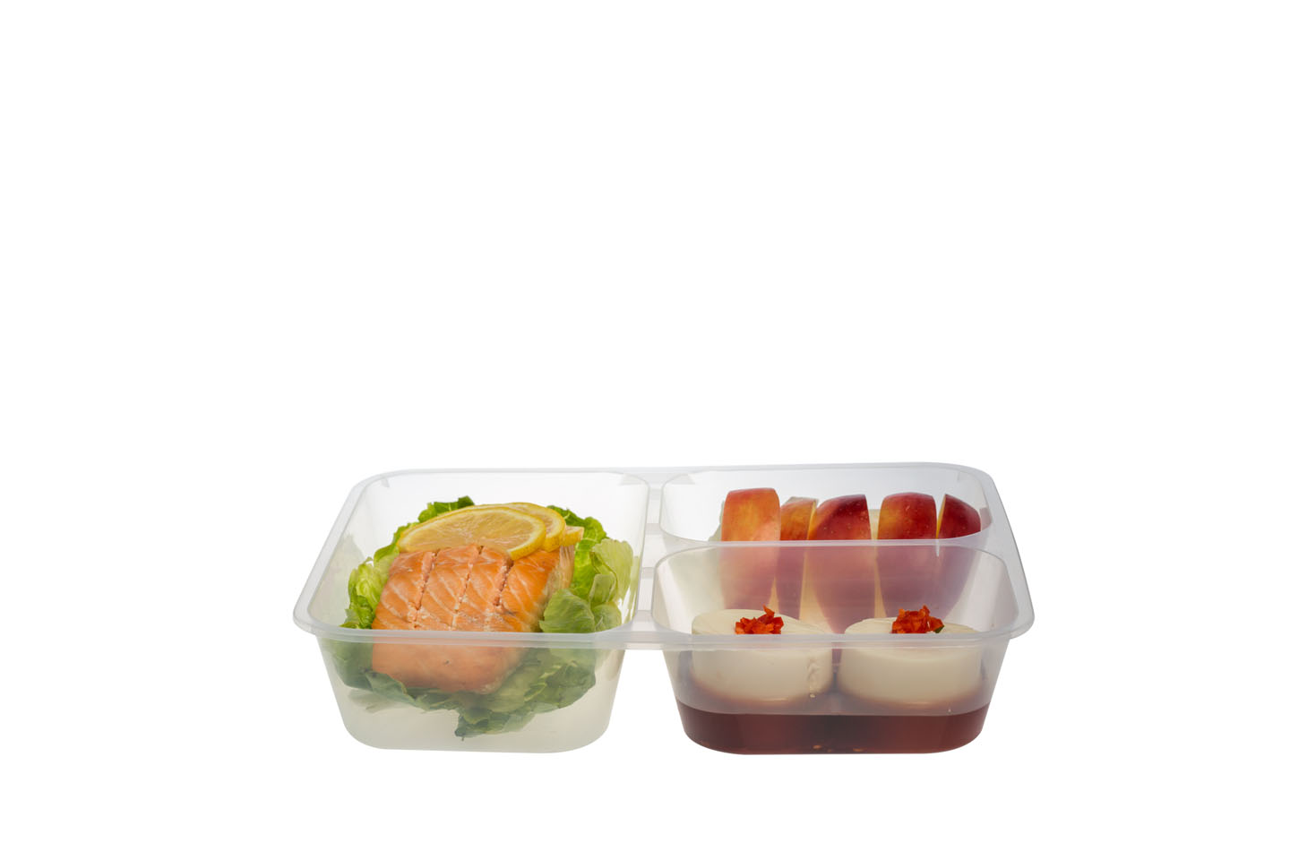 1200ml Rectangular 3 Compartment Clear Microwavable Container serving entree (sliced apples), main (grilled salmon) & dessert (creme caramel)