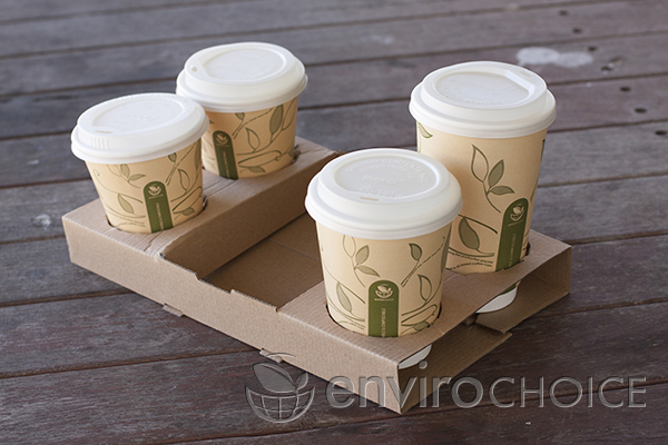PLA Double Wall Hot Drinking Cups+Compostable PLA Hot Drinking White Cup Lids+4 Cup Paperboard Carry Tray