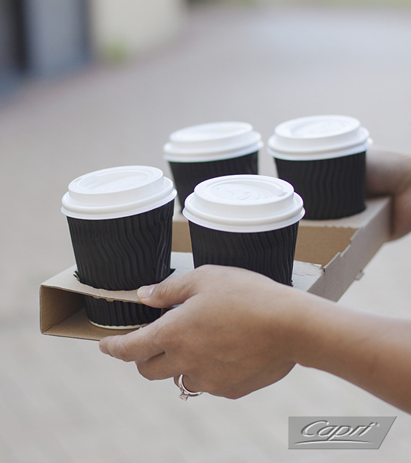 Black Double Wave Wall Hot Drinking Cups in 4 Cup Paperboard Carry Tray