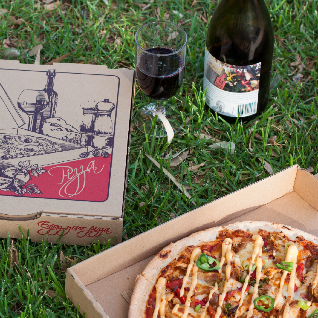 Pizza Box and Disposable Wine Glass