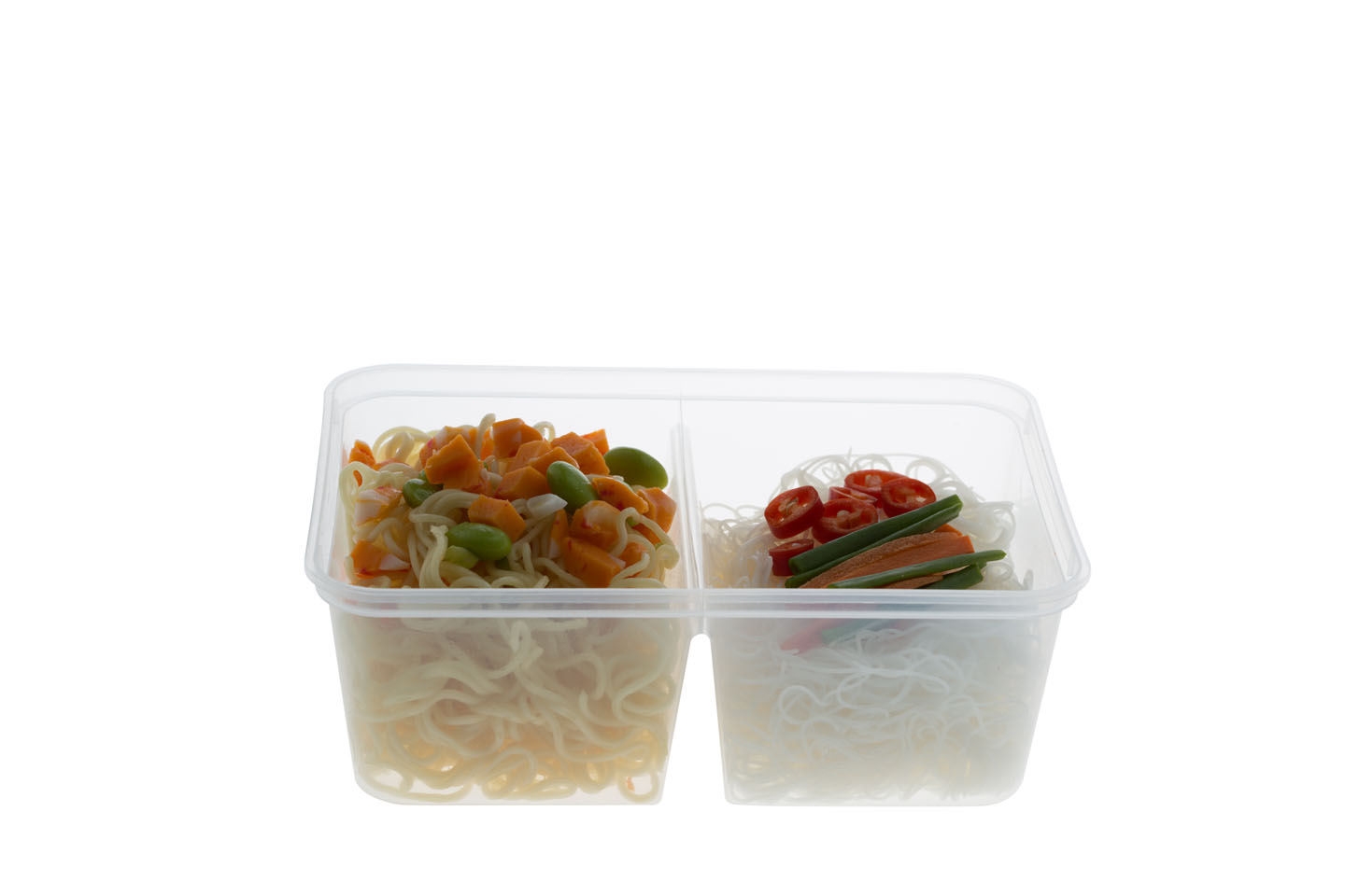 650ml 2 Compartment Rectangular Microwavable Container serving pumpkin+edamame on top of thin egg noodles and chilli+spring onion+carrot on top of rice vermicelli noodles.