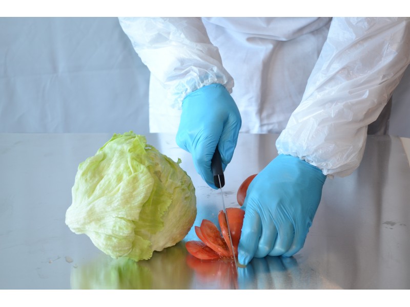 Chef using Blue Vinyl/Nitrile Gloves to cut tomatoes and lettuce